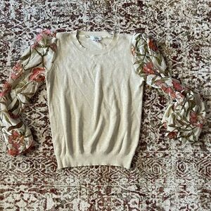 Fate Mixed Print Crew Neck Blouse Long Sleeve Knit with Linen Cream Women Size S